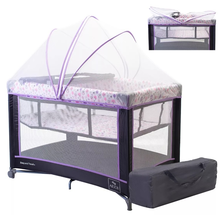 Cuna Corral Viajero Para Bebé Aeiou F303 Con Mosquitero Negro/morado