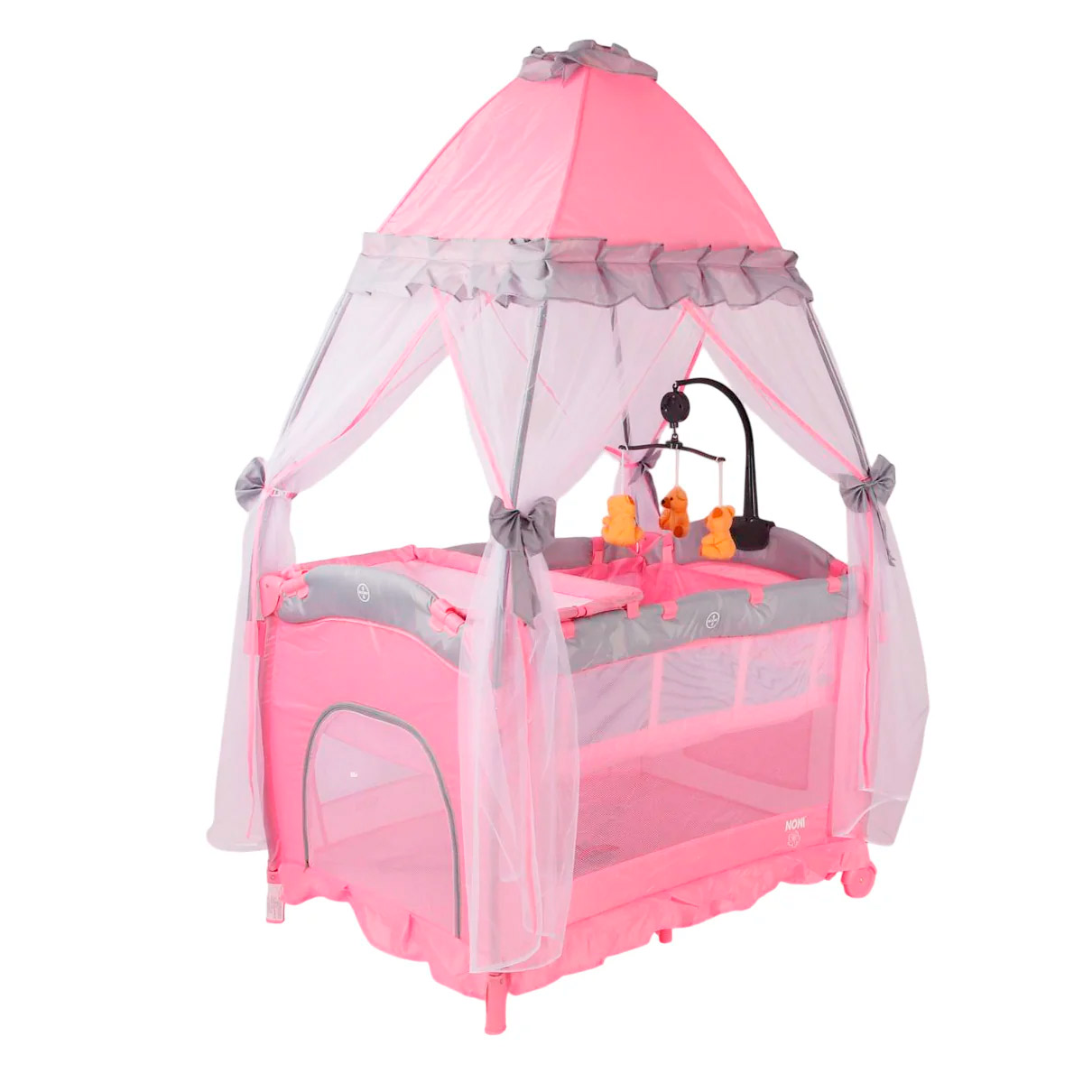 Cuna Corral 888-f Color Rosa Con Velo Alto Y Cambiador