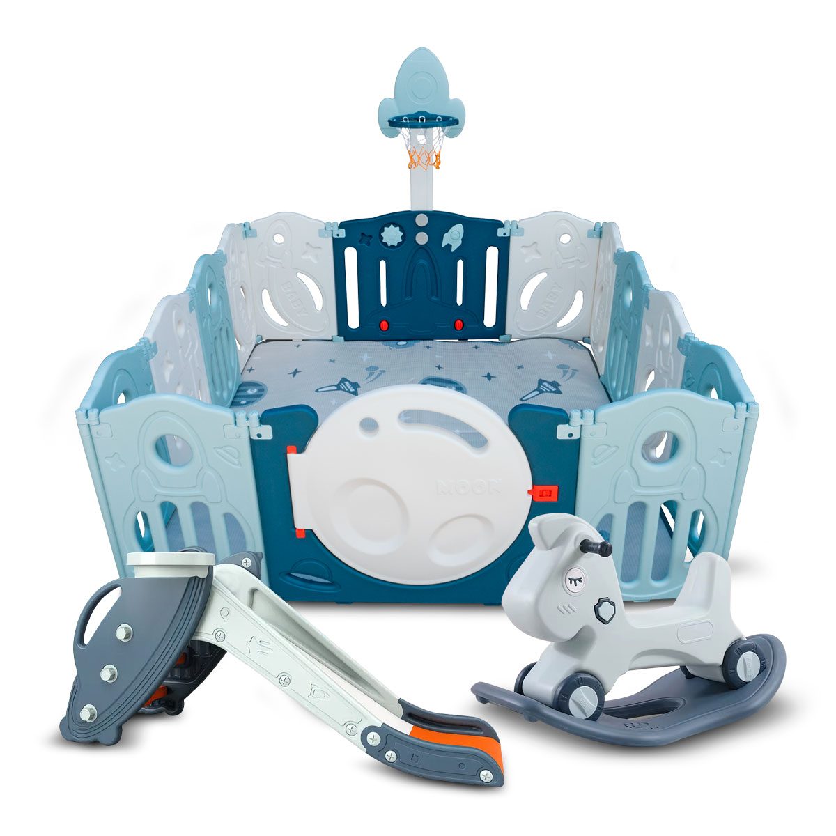 Combo Corral Para Bebe Corralito Juegos Plegable Azul + Resbaladilla Y Caballito