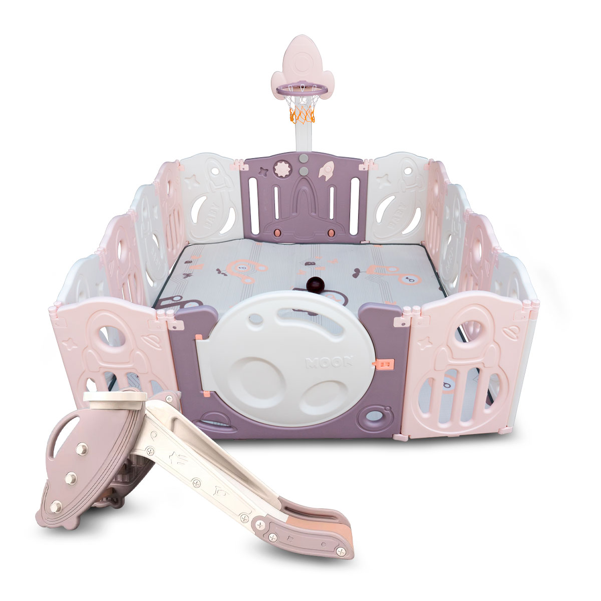 Combo Corral Para Bebe Corralito Juegos Plegable Rosa + Resbaladilla
