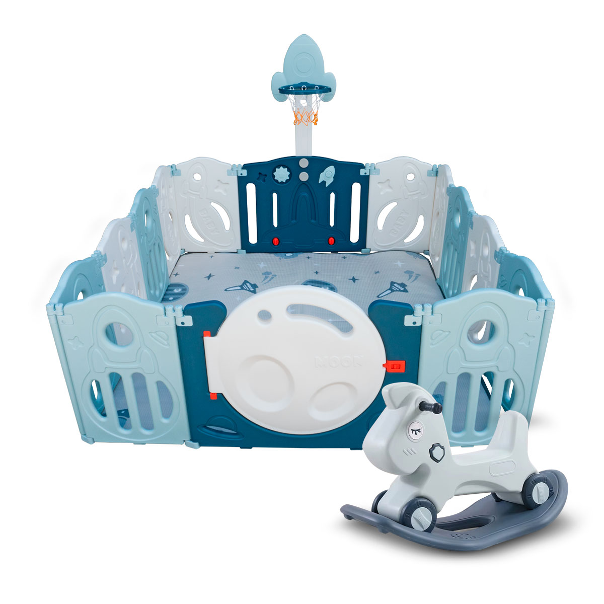 Combo Corral Para Bebe Corralito Juegos Plegable Azul + Caballito