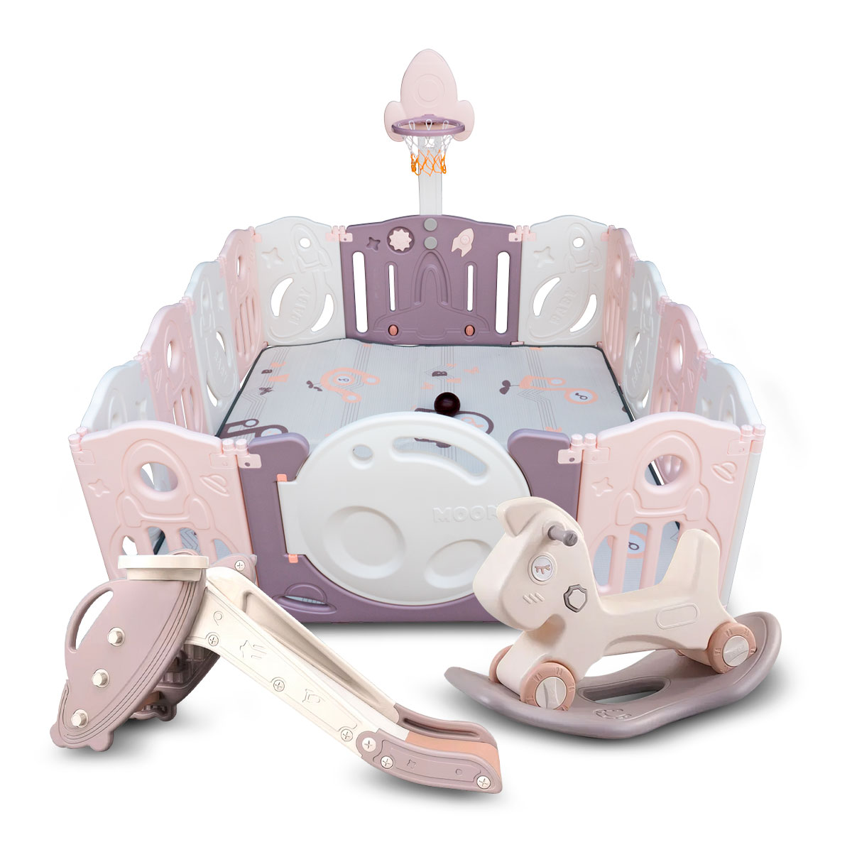 Combo Corral Para Bebe Corralito Juegos Plegable Rosa + Resbaladilla Y Caballito