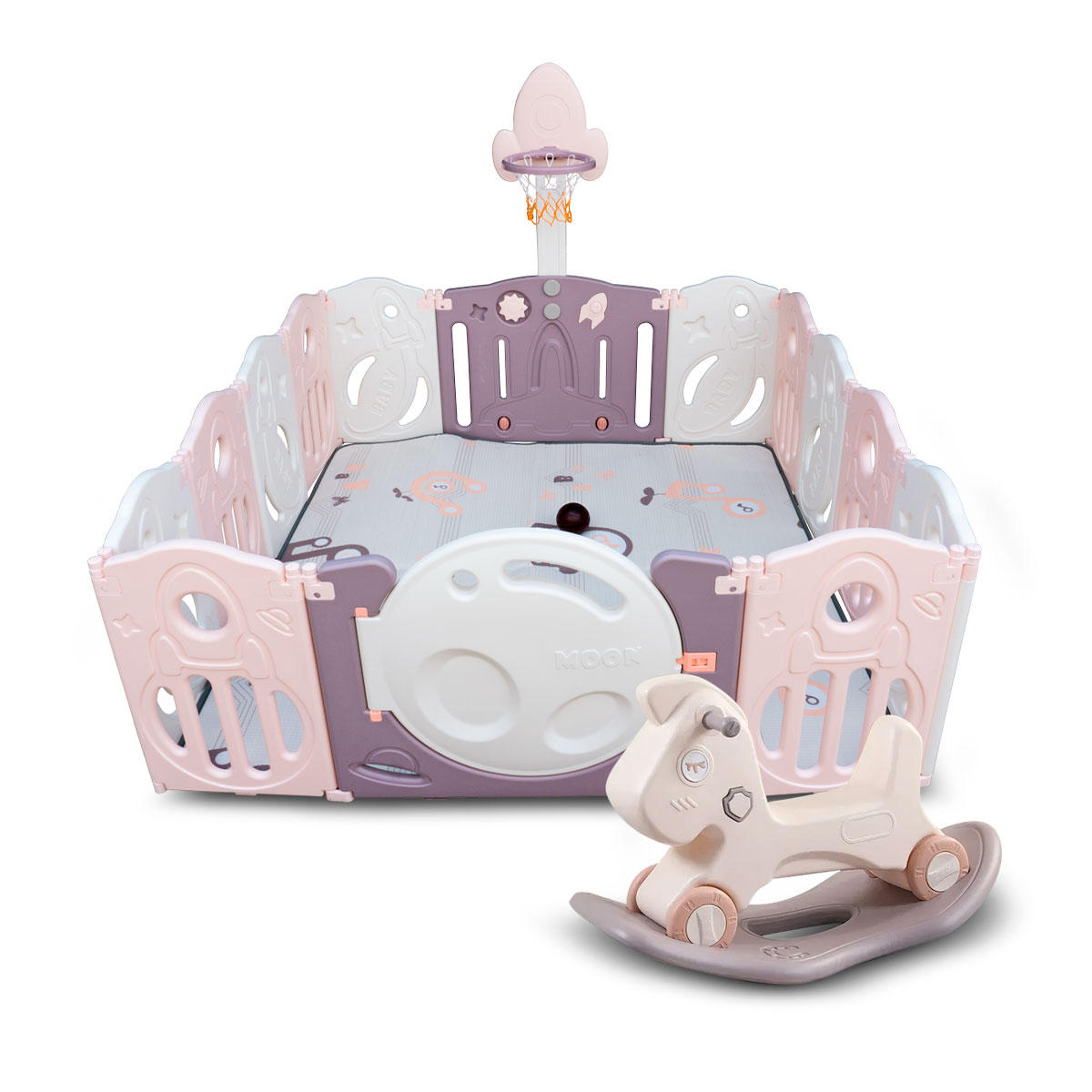 Combo Corral Para Bebe Corralito Juegos Plegable Rosa + Caballito
