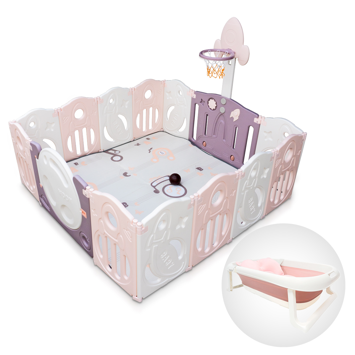 Combo Corral Para Bebe Corralito Juegos Plegable Rosa + Bañera Infantil