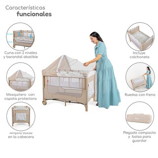 Foto 5 | Cuna Colecho D’bebé Con 2 Niveles Mosquitero Acolchonado - Beige