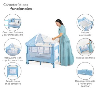 Foto 5 | Cuna Colecho D’bebé Con 2 Niveles Mosquitero Acolchonado - Azul