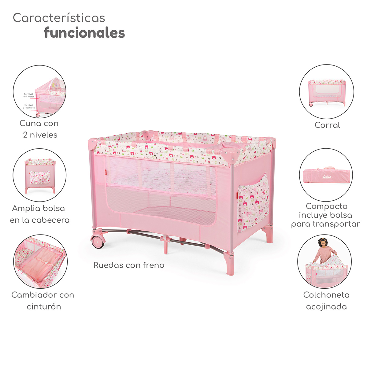 Foto 3 pulgar | Cuna Corral Plegable Con Cambiador Y Dos Niveles D´bebe - Rosa