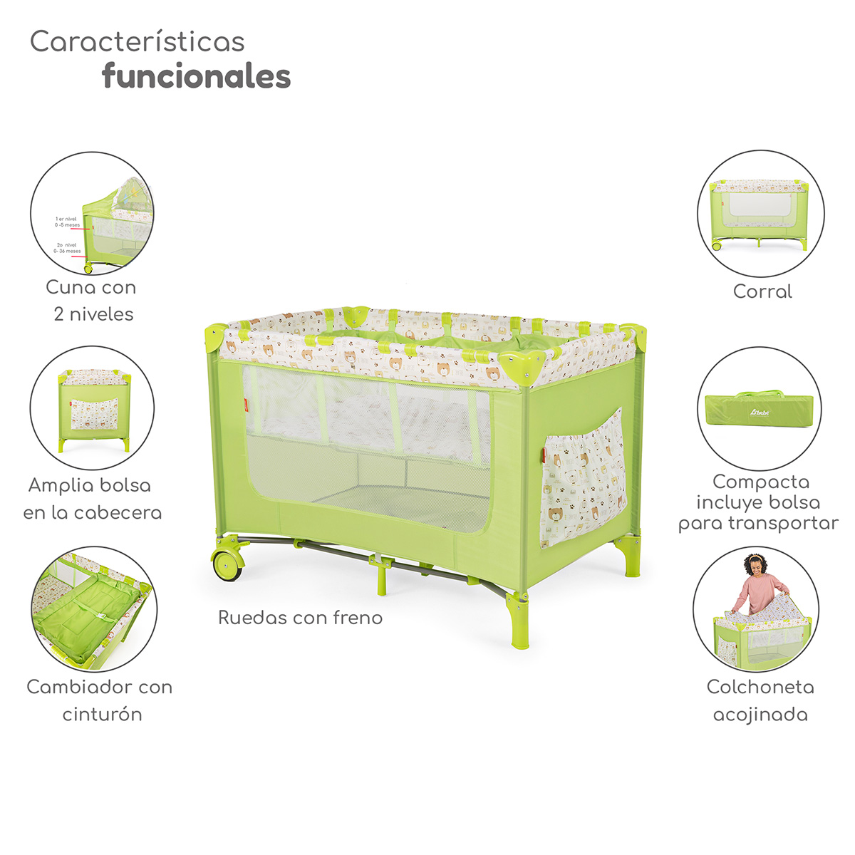 Foto 3 pulgar | Cuna Corral Plegable Con Cambiador Y Dos Niveles D´bebe -  Verde