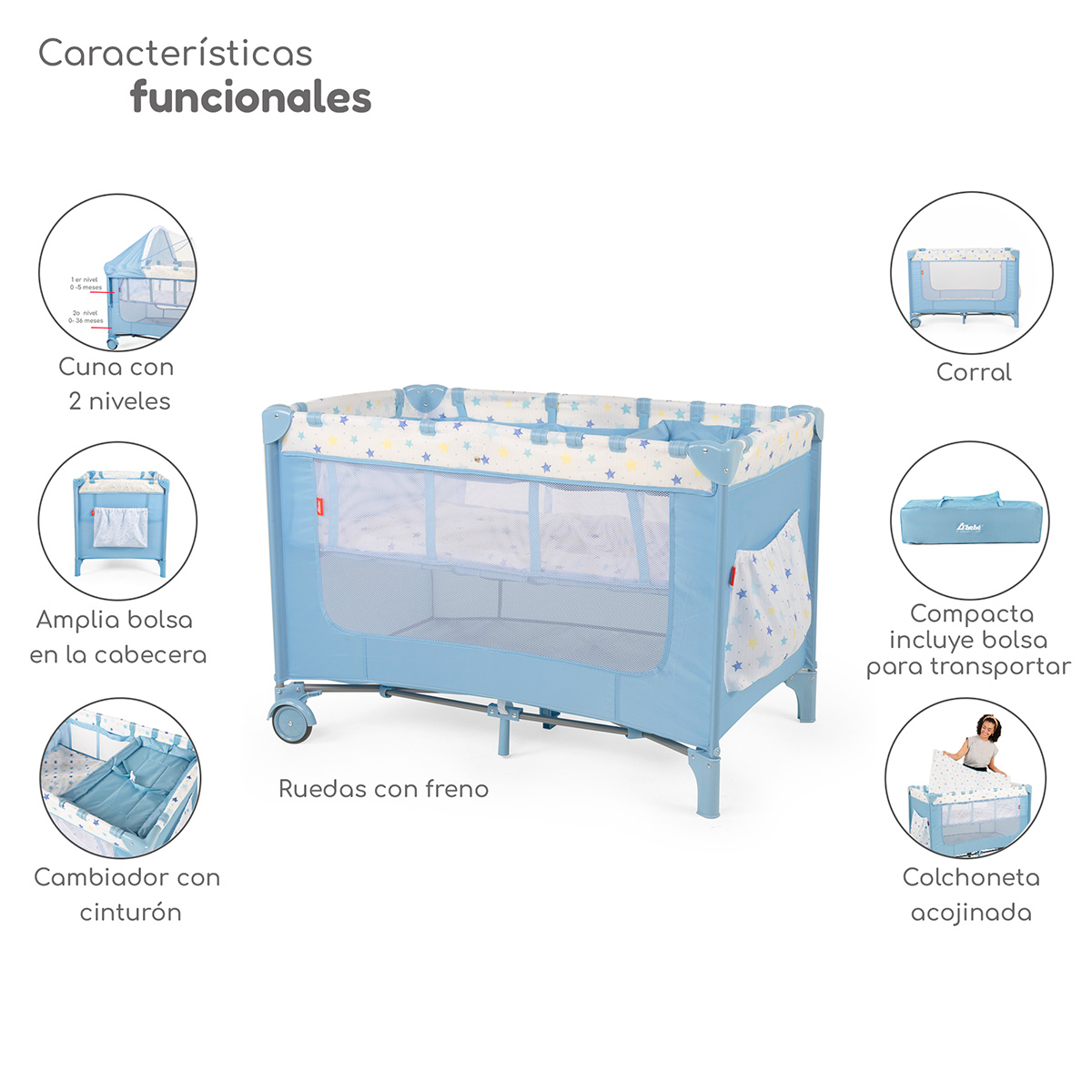 Foto 3 pulgar | Cuna Corral Plegable Con Cambiador Y Dos Niveles D´bebe - Azul