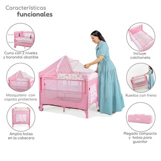 Foto 5 | Cuna Colecho D’bebé Con 2 Niveles Mosquitero Acolchonado - Rosa