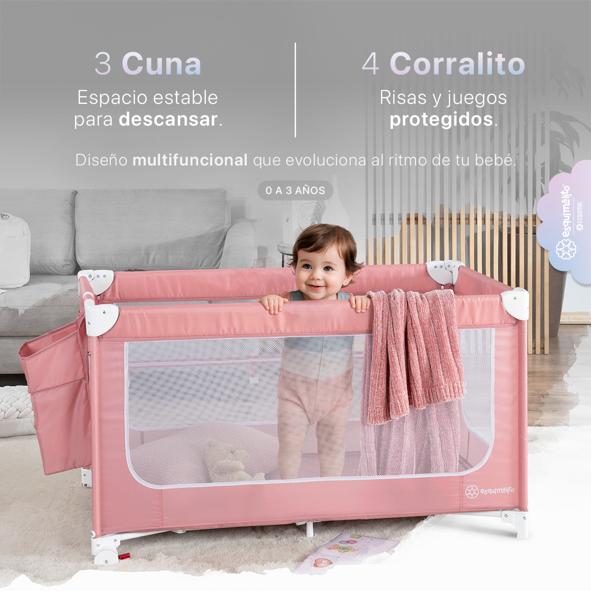 Foto 3 | Cuna Para Bebé 4 En 1 Esquimal Colecho  Moisés  Cama De Viaje  Corral Color Rosa