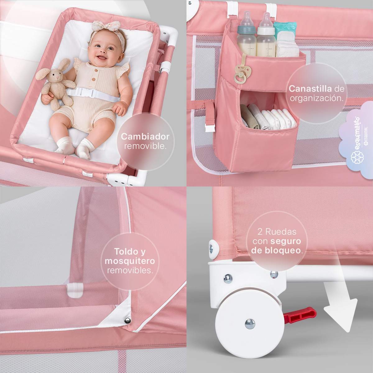 Foto 5 | Cuna Para Bebé 4 En 1 Esquimal Colecho  Moisés  Cama De Viaje  Corral Color Rosa