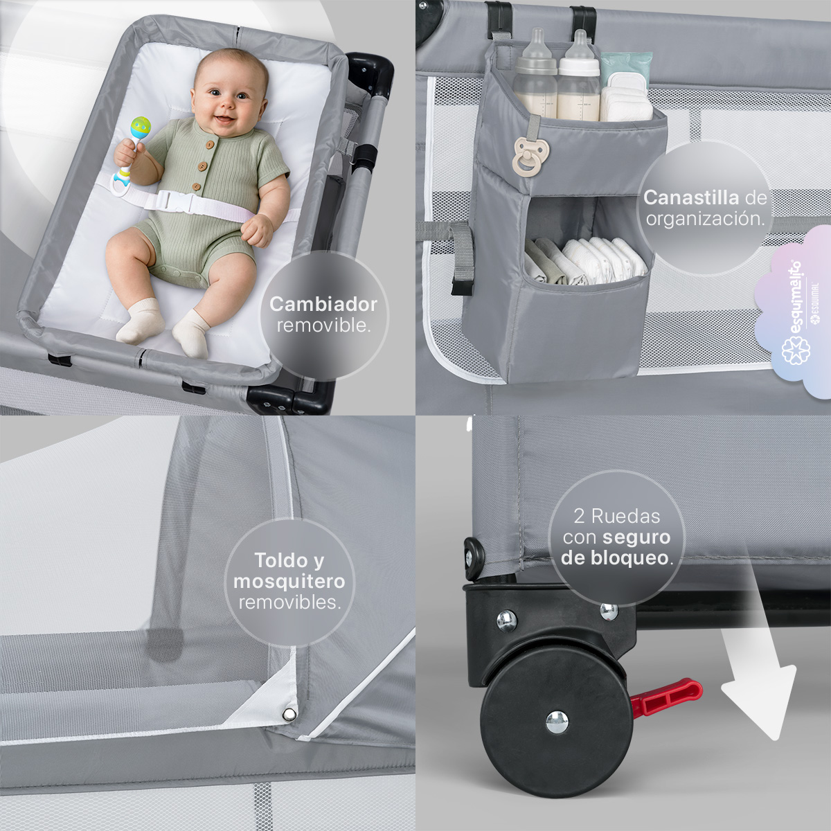 Foto 5 | Cuna Para Bebé 4 En 1 Esquimal Colecho  Moisés  Cama De Viaje  Corral  Color Gris