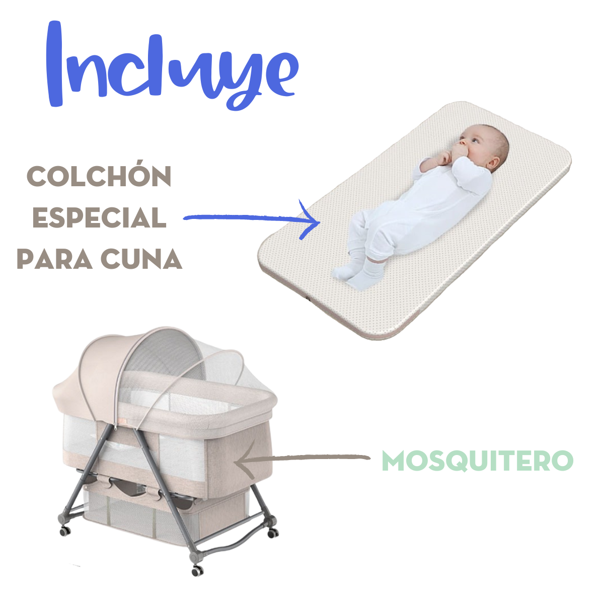 Foto 5 pulgar | Cuna para Bebé Mima2 Dulces Sueños color Beige con Mosquitero Portátil