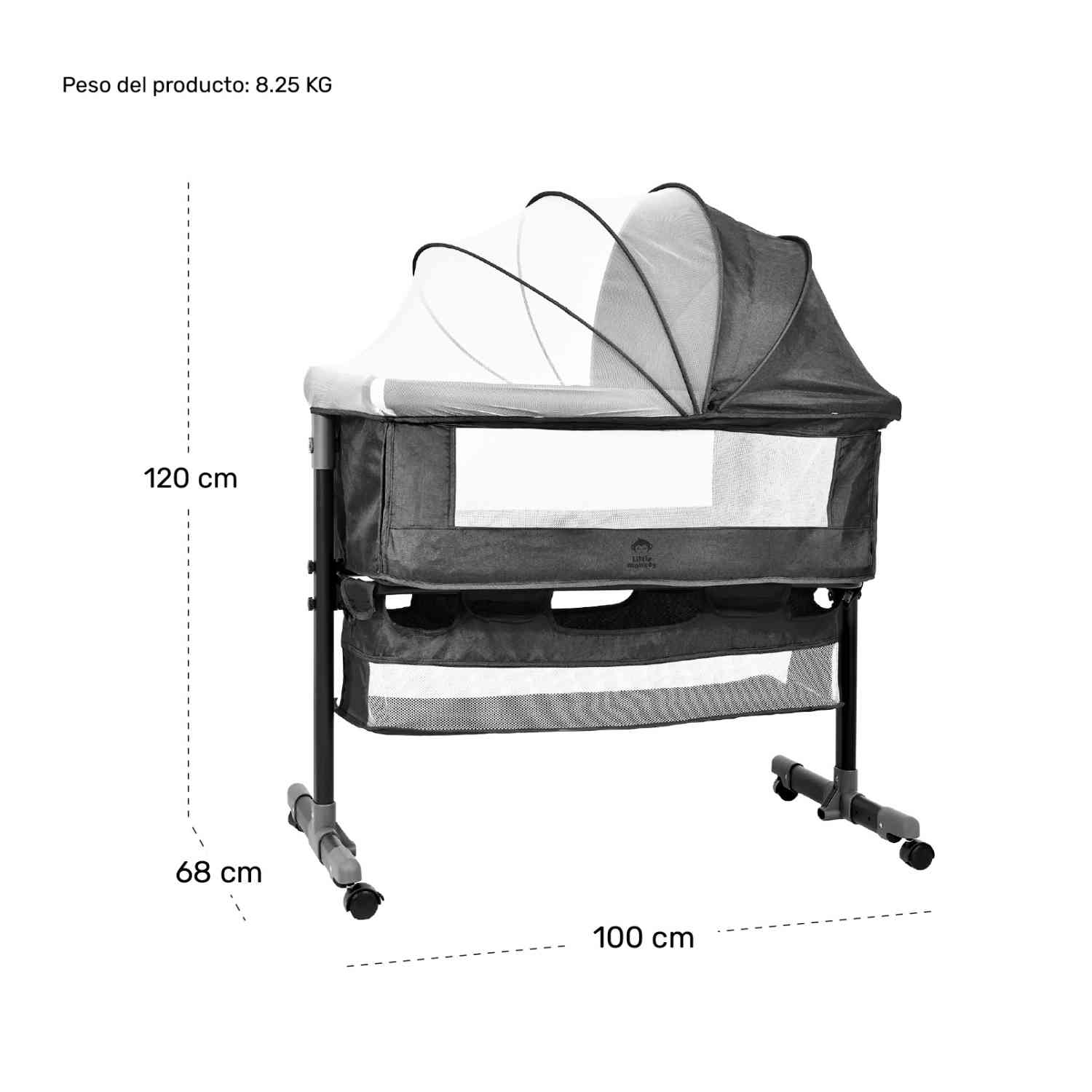 Foto 9 pulgar | Cuna Cama Colecho Little Monkey Gris Cambiador para Bebé Mosquitero Ruedas 3 en 1