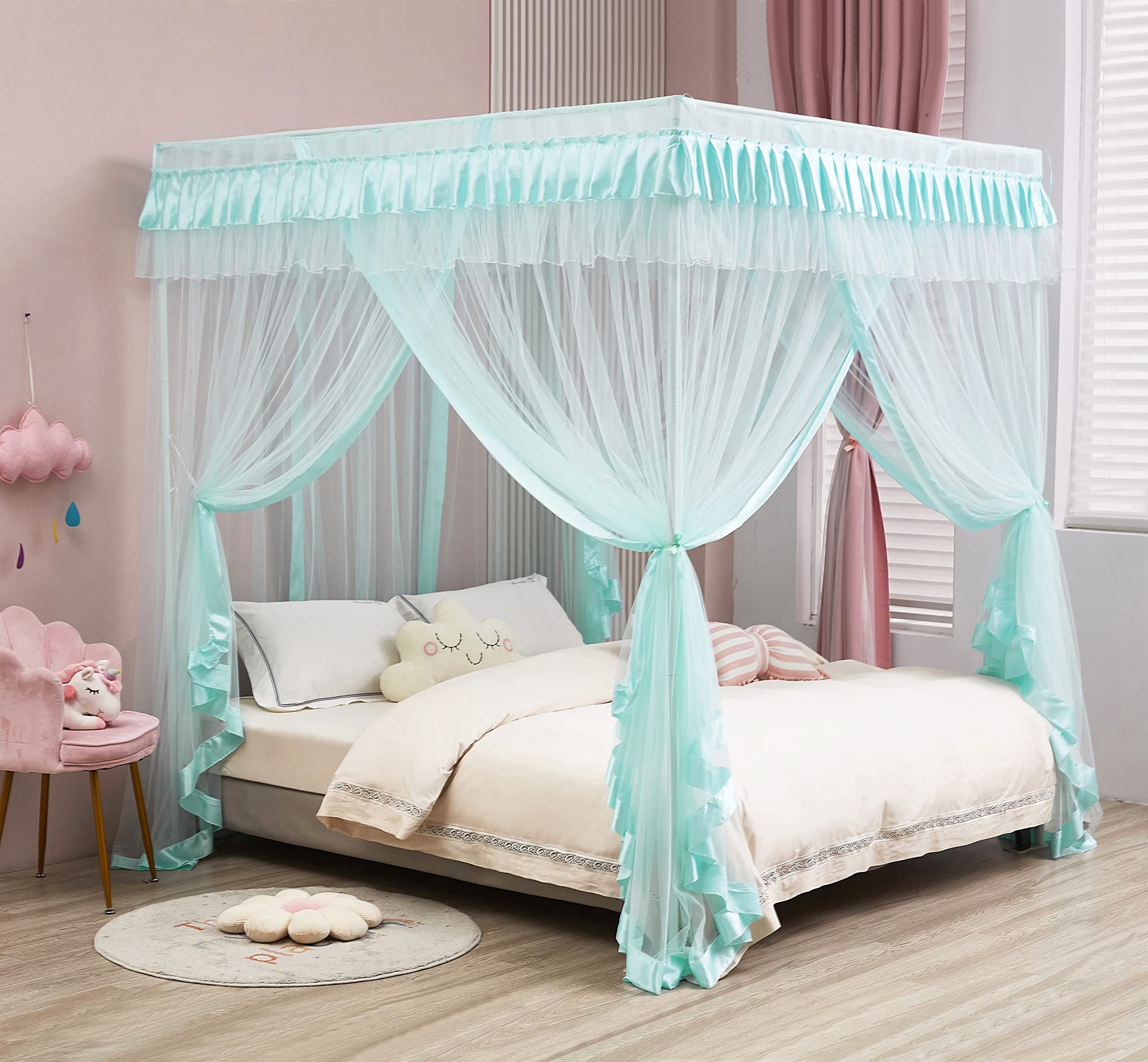 Toldo De Cama Mengersi Con 4 Esquinas Para Niñas, Doble, Azul Cielo - Venta Internacional.