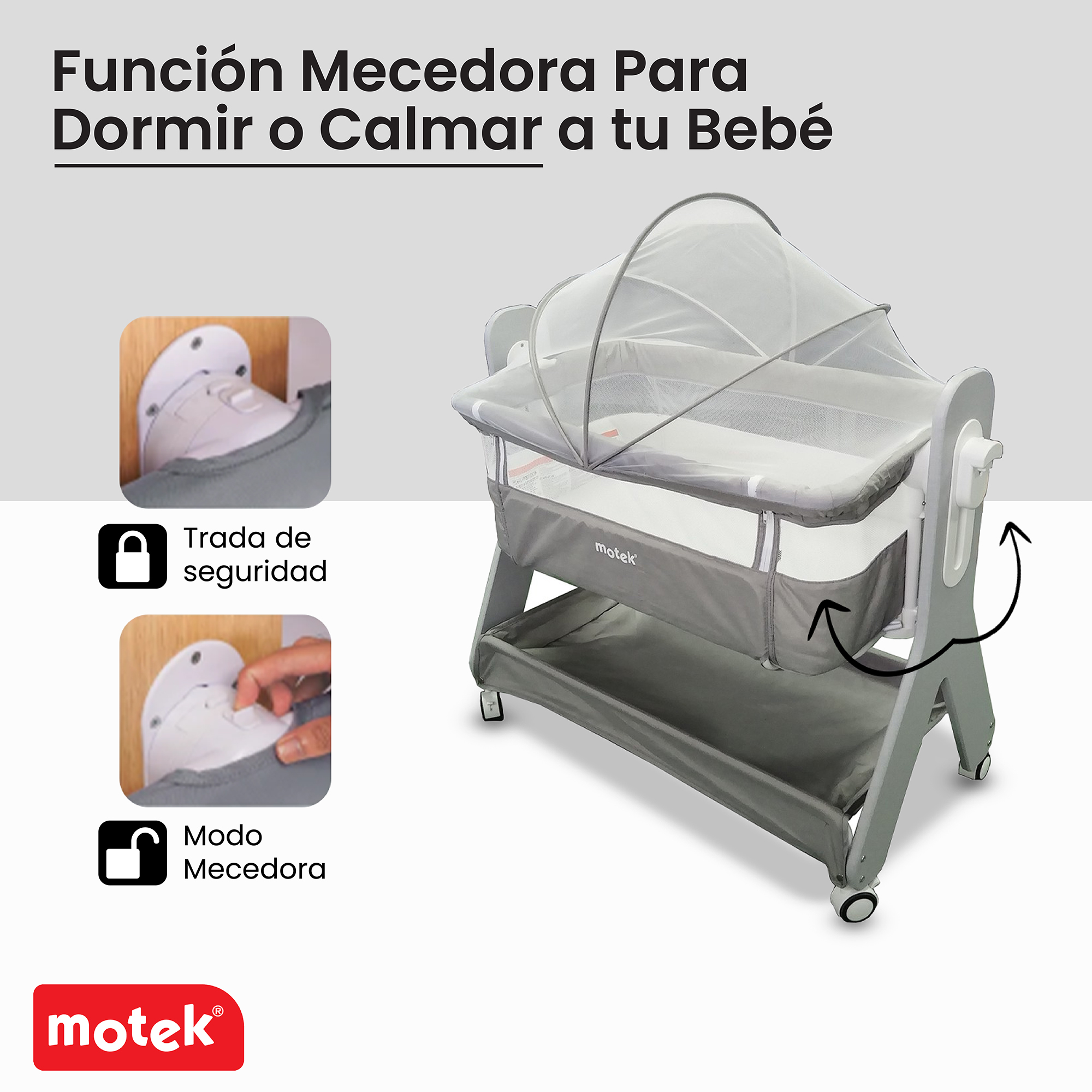 Foto 7 | Cuna Colecho Motek Estee Bebé Gris Mecedora Mosquitero Deluxe