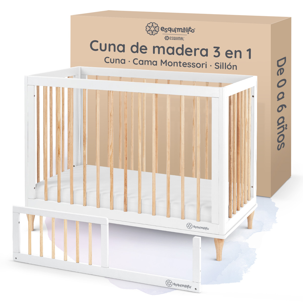 Foto 2 pulgar | Cuna De Madera Esquimal  Convertible 3 En 1 Ajustable Con Barandal Intercambiable Madera - Blanco