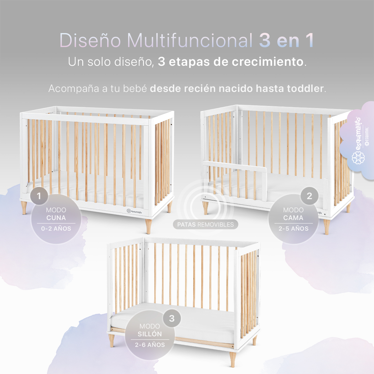 Foto 3 pulgar | Cuna De Madera Esquimal  Convertible 3 En 1 Ajustable Con Barandal Intercambiable Madera - Blanco