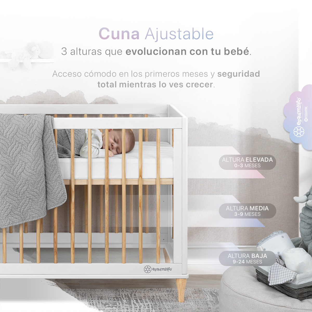 Foto 4 pulgar | Cuna De Madera Esquimal  Convertible 3 En 1 Ajustable Con Barandal Intercambiable Madera - Blanco