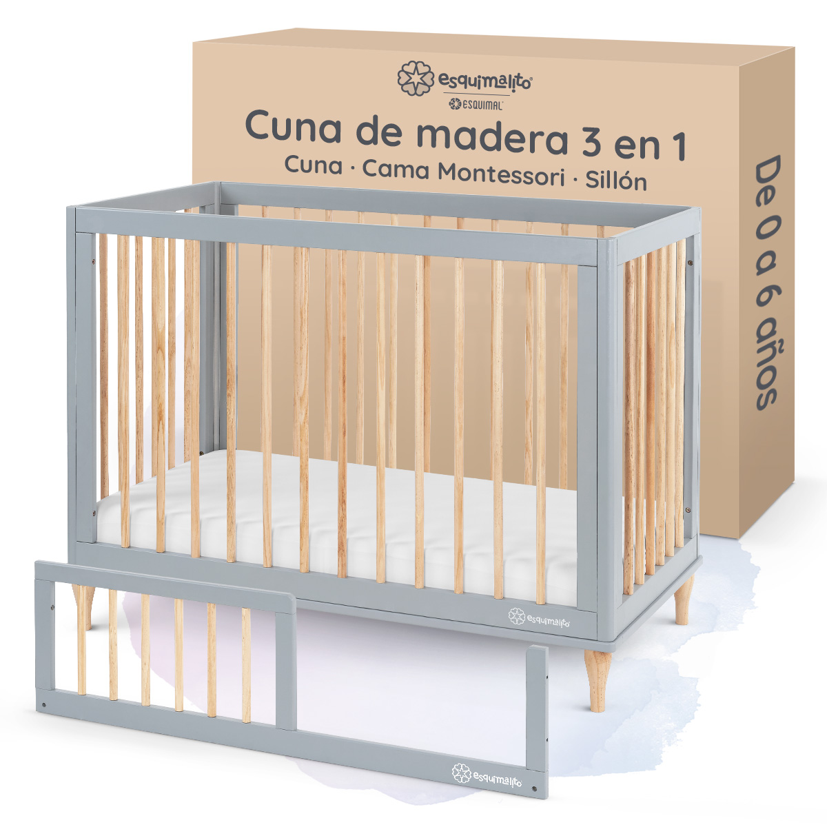Foto 2 pulgar | Cuna De Madera Esquimal  Convertible 3 En 1 Ajustable Con Barandal Intercambiable Madera - Gris