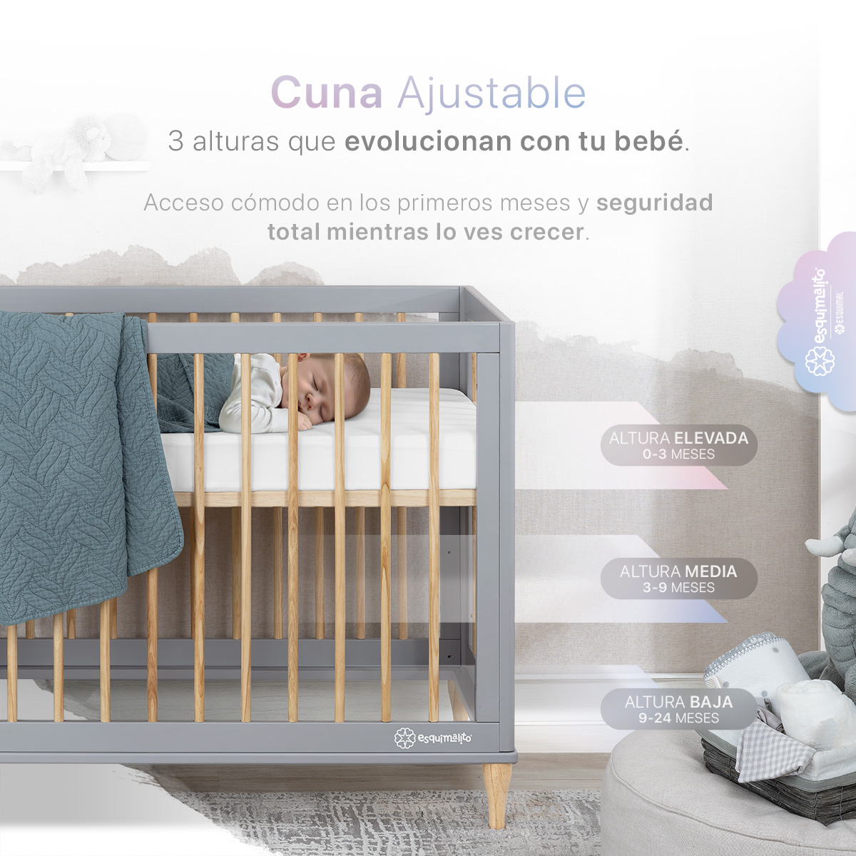 Foto 4 pulgar | Cuna De Madera Esquimal  Convertible 3 En 1 Ajustable Con Barandal Intercambiable Madera - Gris