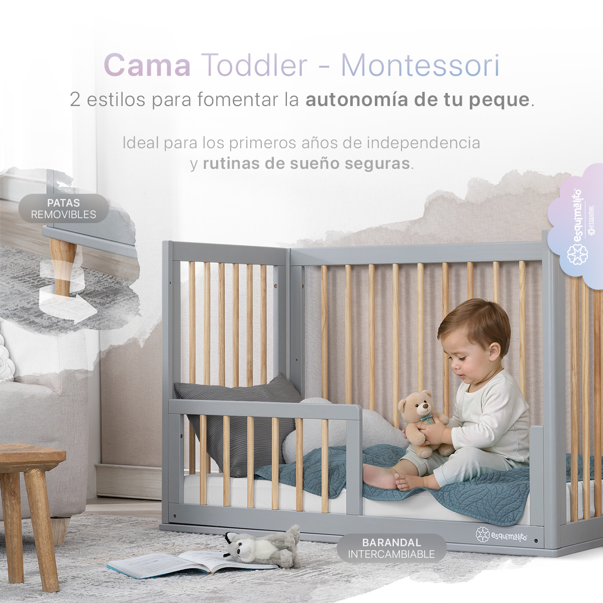 Foto 5 pulgar | Cuna De Madera Esquimal  Convertible 3 En 1 Ajustable Con Barandal Intercambiable Madera - Gris
