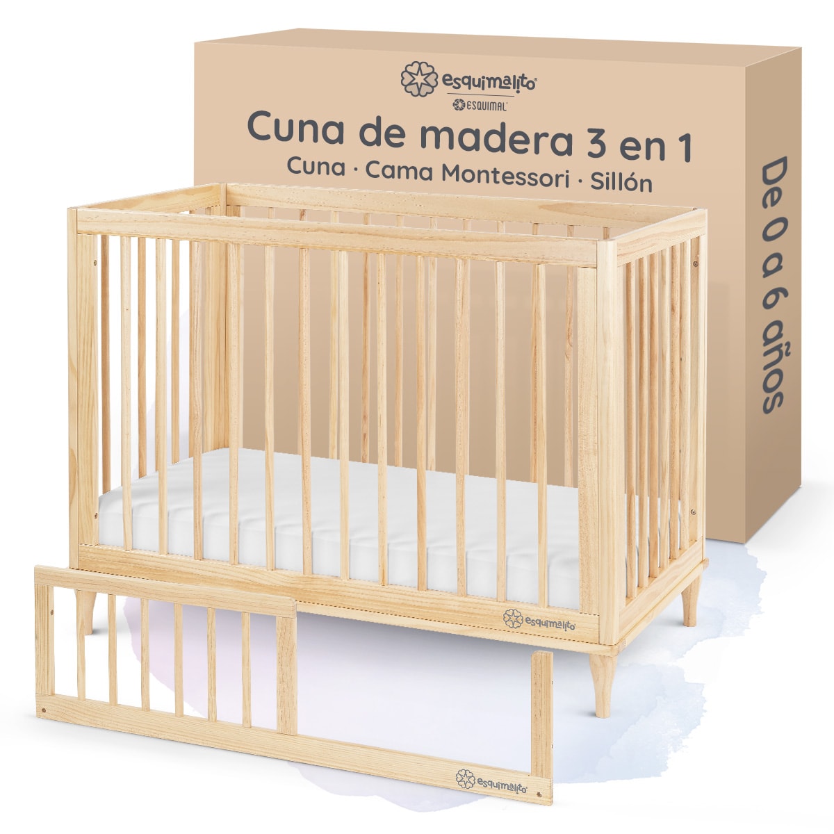 Cuna De Madera Esquimal  Convertible 3 En 1 Ajustable Con Barandal Intercambiable Madera Natural $5,999