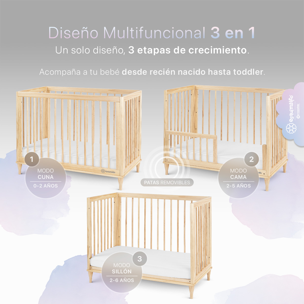 Foto 3 pulgar | Cuna De Madera Esquimal  Convertible 3 En 1 Ajustable Con Barandal Intercambiable Madera Natural