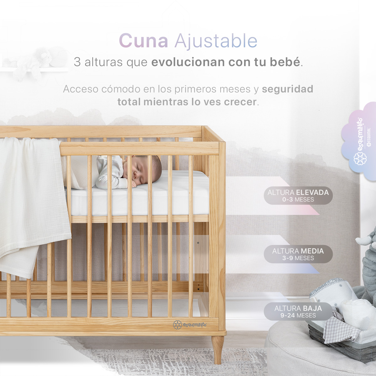 Foto 4 pulgar | Cuna De Madera Esquimal  Convertible 3 En 1 Ajustable Con Barandal Intercambiable Madera Natural
