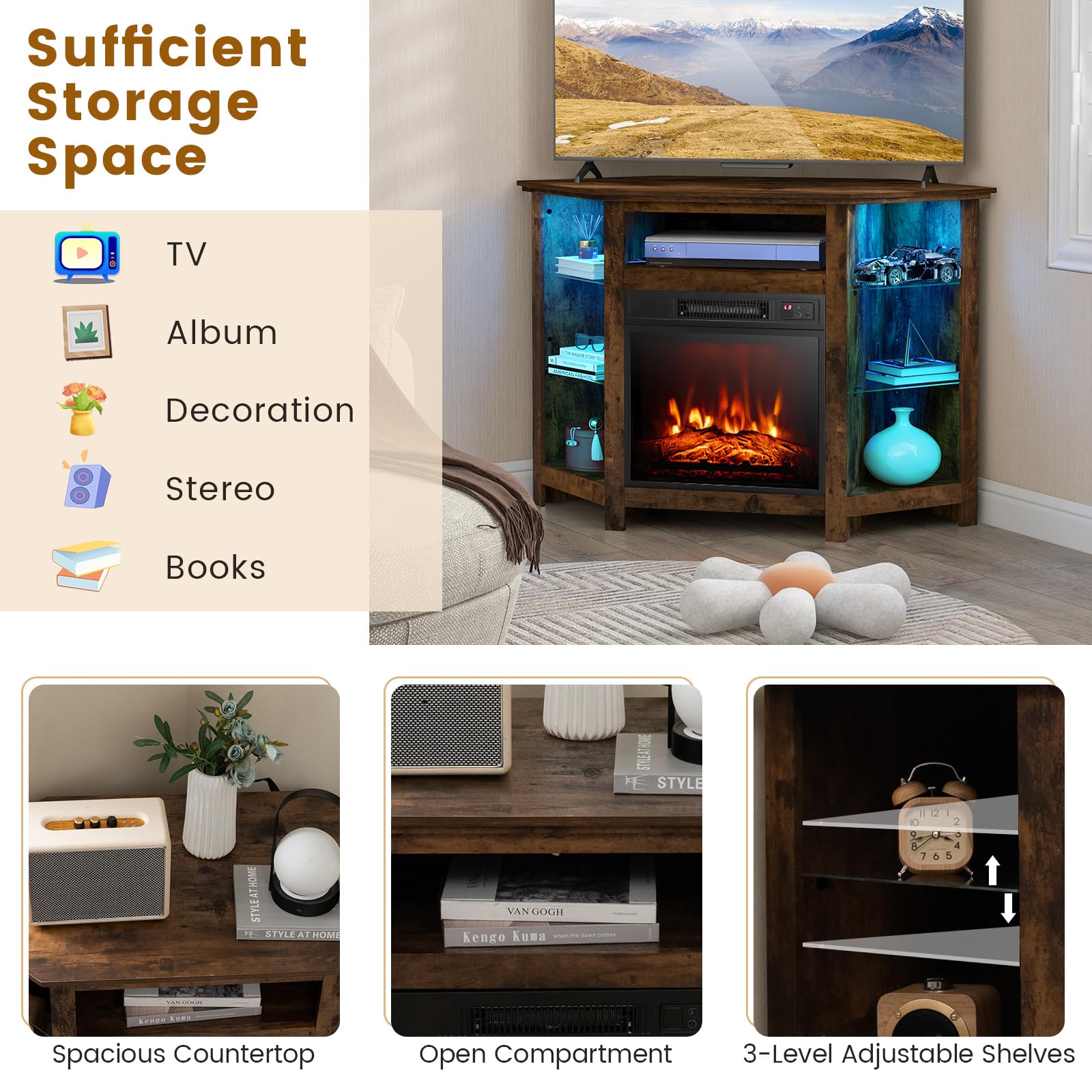 Foto 5 pulgar | Soporte De Esquina Para Tv Con Chimenea Eléctrica Costway De Hasta 50 Pulgadas - Venta Internacional.