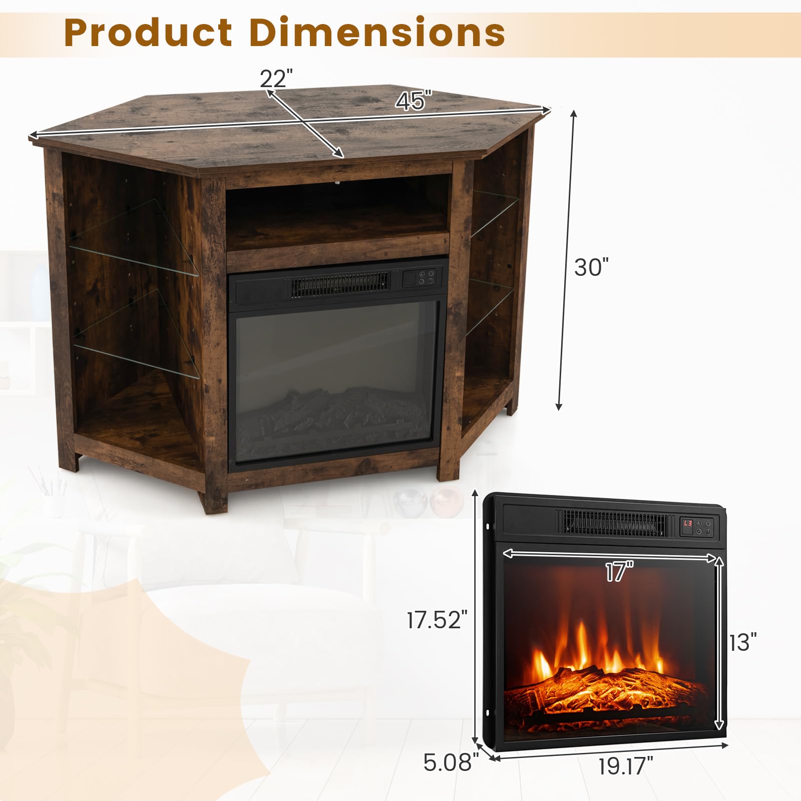 Foto 7 pulgar | Soporte De Esquina Para Tv Con Chimenea Eléctrica Costway De Hasta 50 Pulgadas - Venta Internacional.
