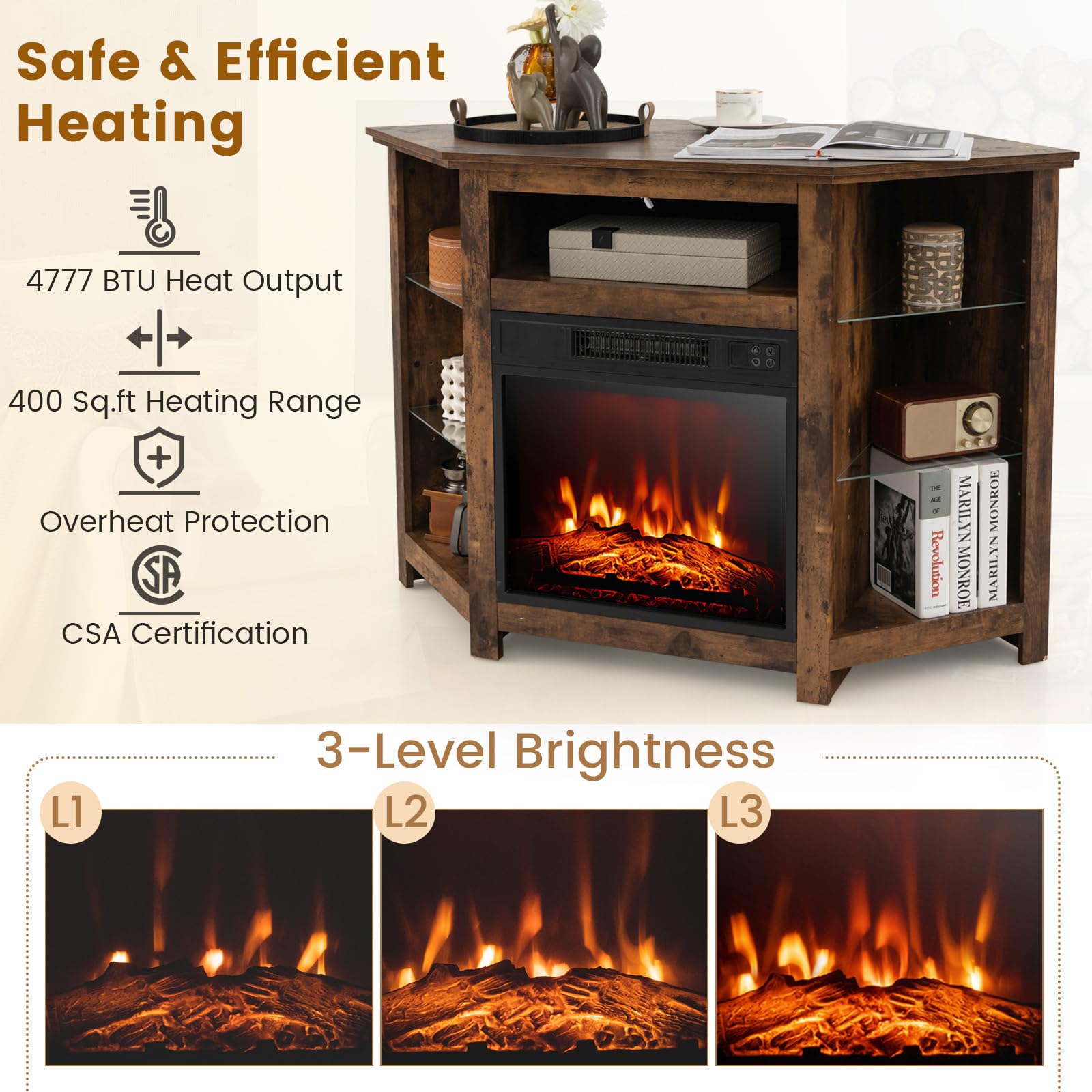 Foto 8 pulgar | Soporte De Esquina Para Tv Con Chimenea Eléctrica Costway De Hasta 50 Pulgadas - Venta Internacional.