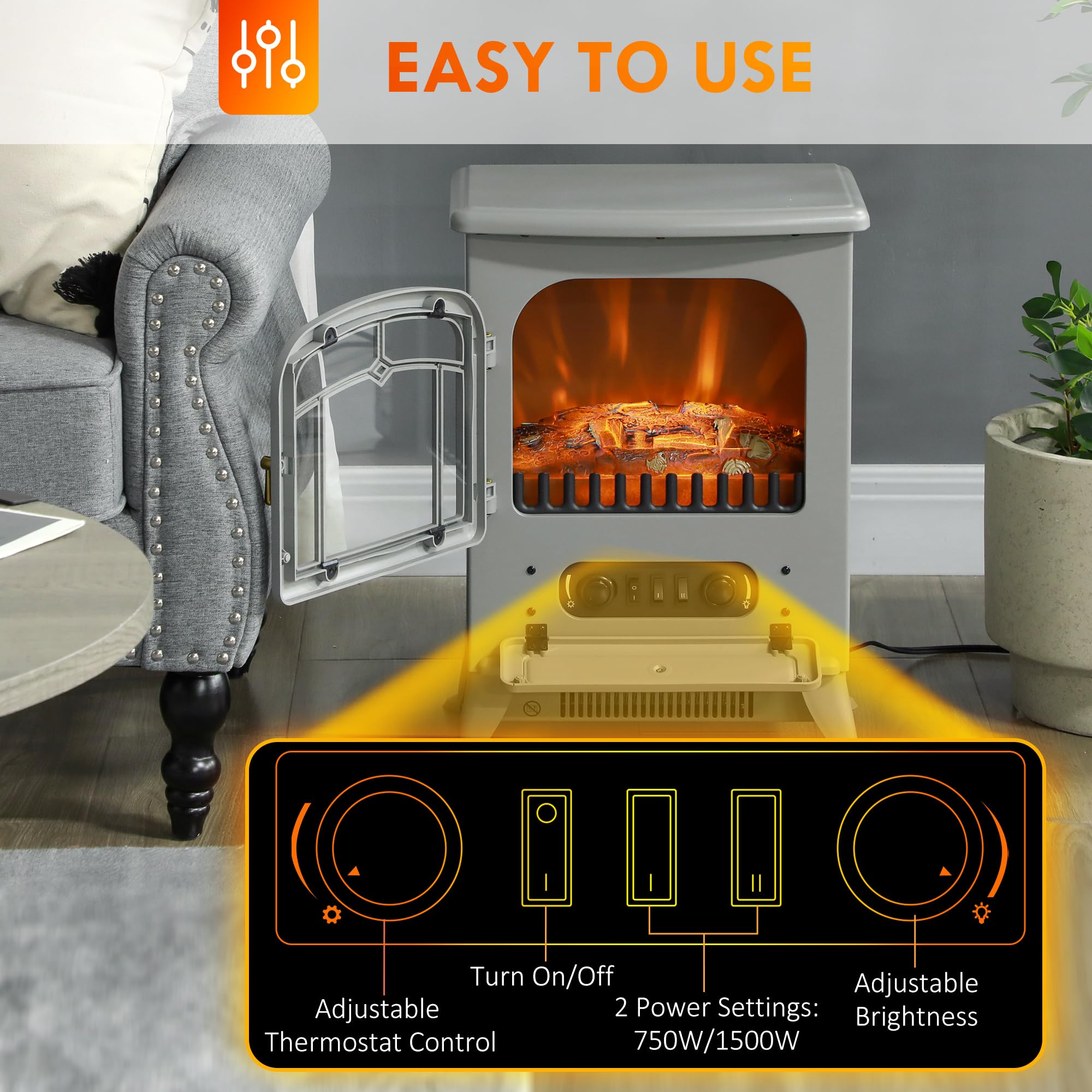 Foto 5 pulgar | Calentador Eléctrico Para Chimenea Homcom 22 Gris 750w/1500w - Venta Internacional.