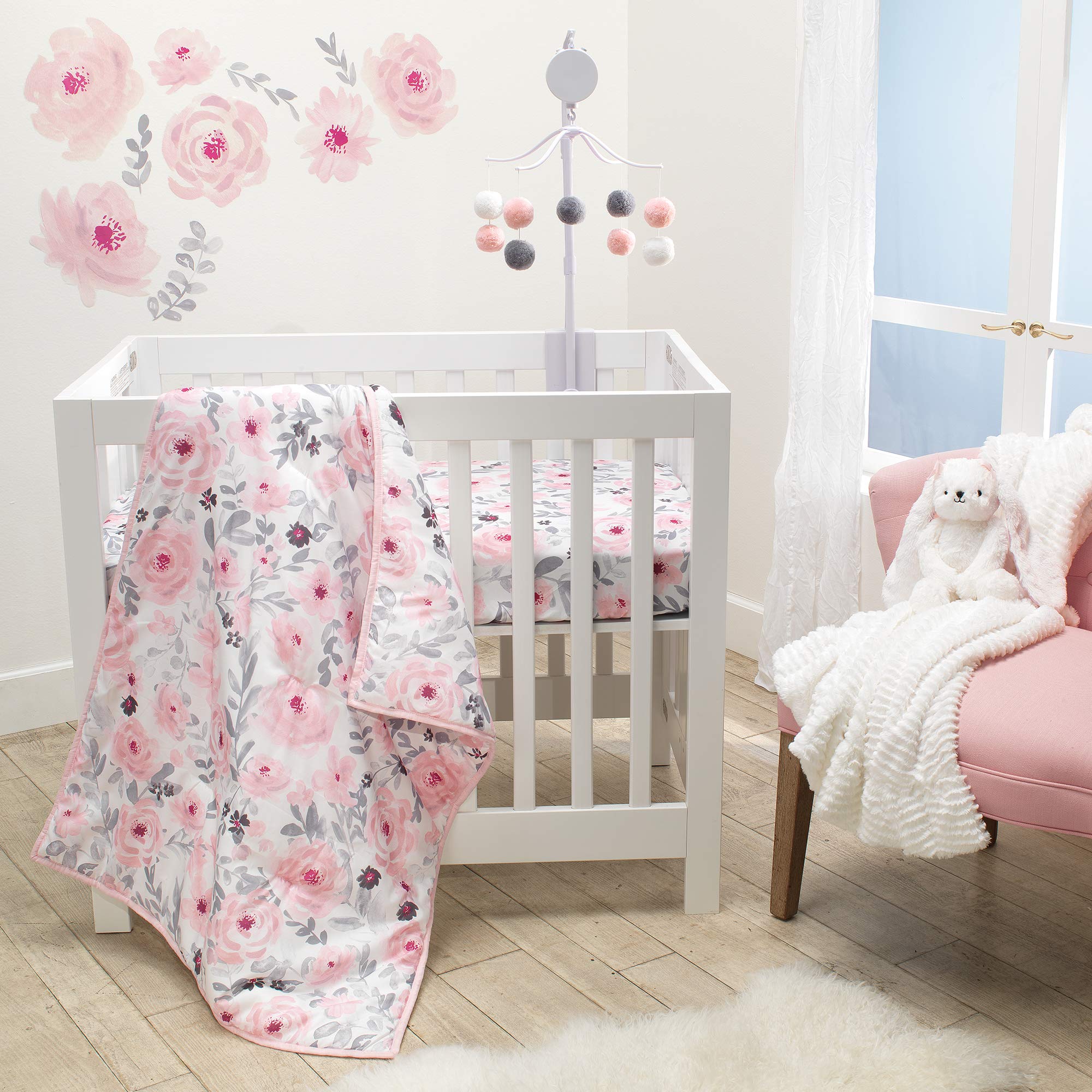 Juego De Ropa De Cama Para Minicuna Bedtime Originals Blossom Pink, Acuarela Floral, 3 Piezas - Venta Internacional.