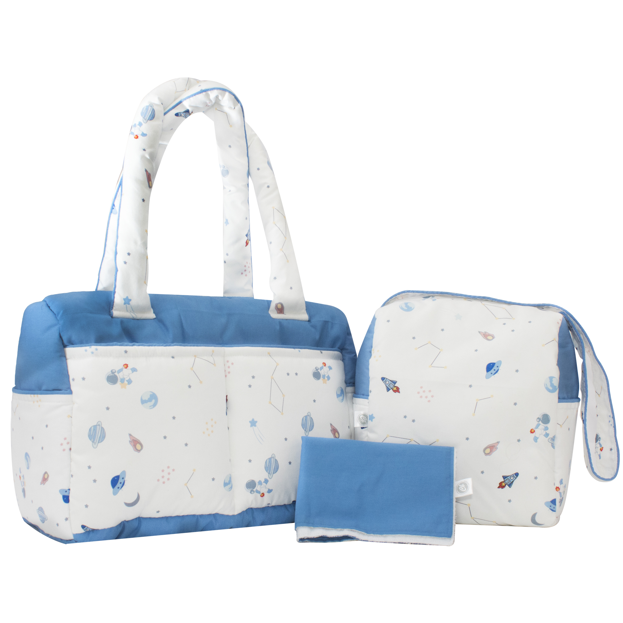 Set de Pañaleras Cary Bebé color Azul Astronauta Tela Estampada Plumbago 3 Piezas