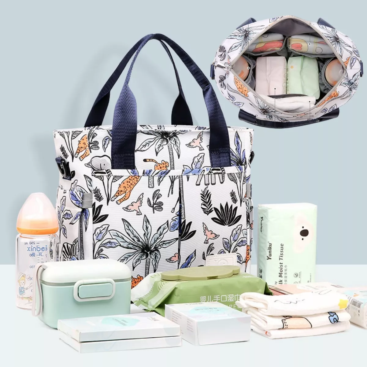 Foto 3 pulgar | Mochila Bolsa Pañalera Modernas Impermeable De Bebe Viaje Belug Azul Hojas Blanco