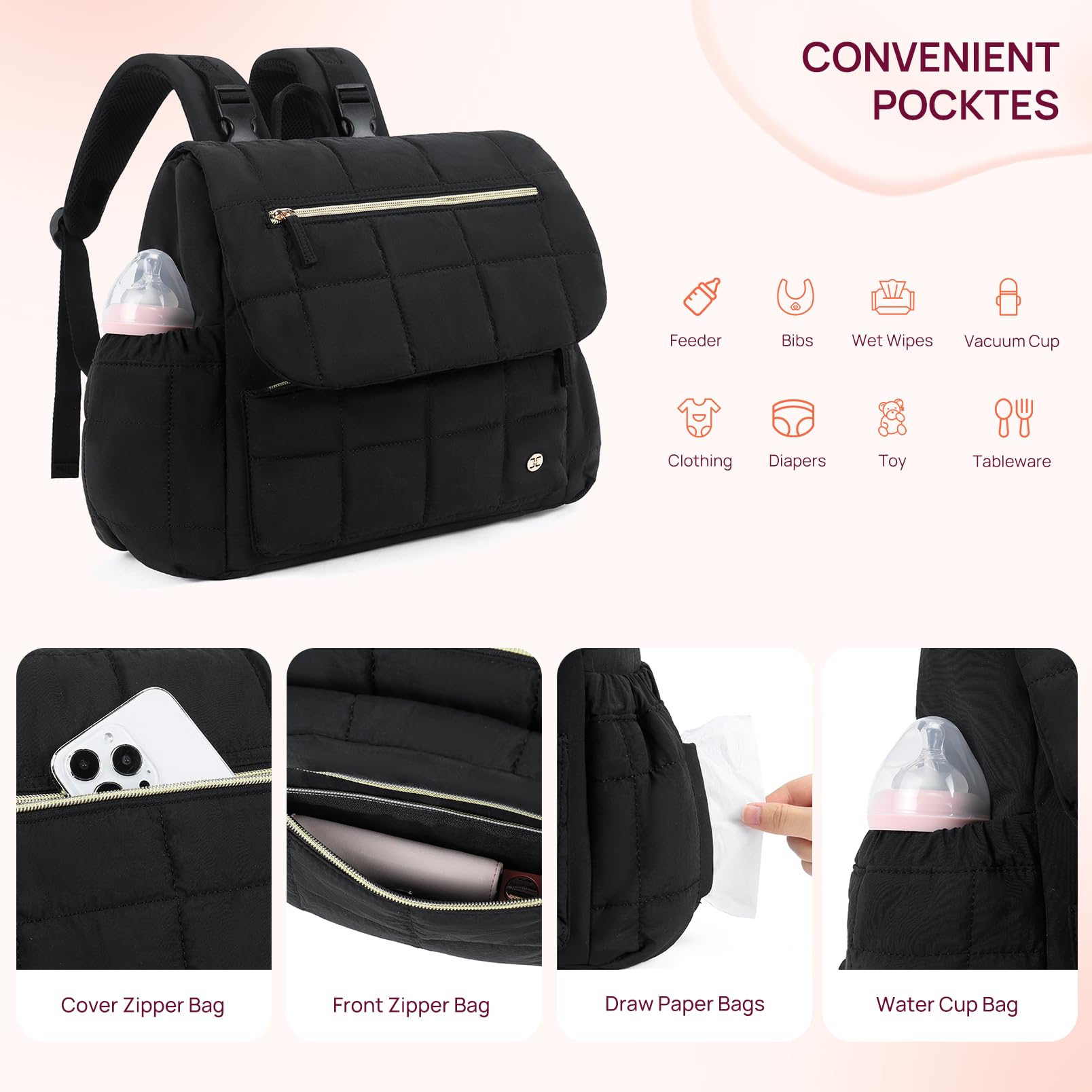 Foto 5 pulgar | Mochila Para Pañales Telena Puffer Con Bolsillos Aislantes, Color Negro - Venta Internacional.