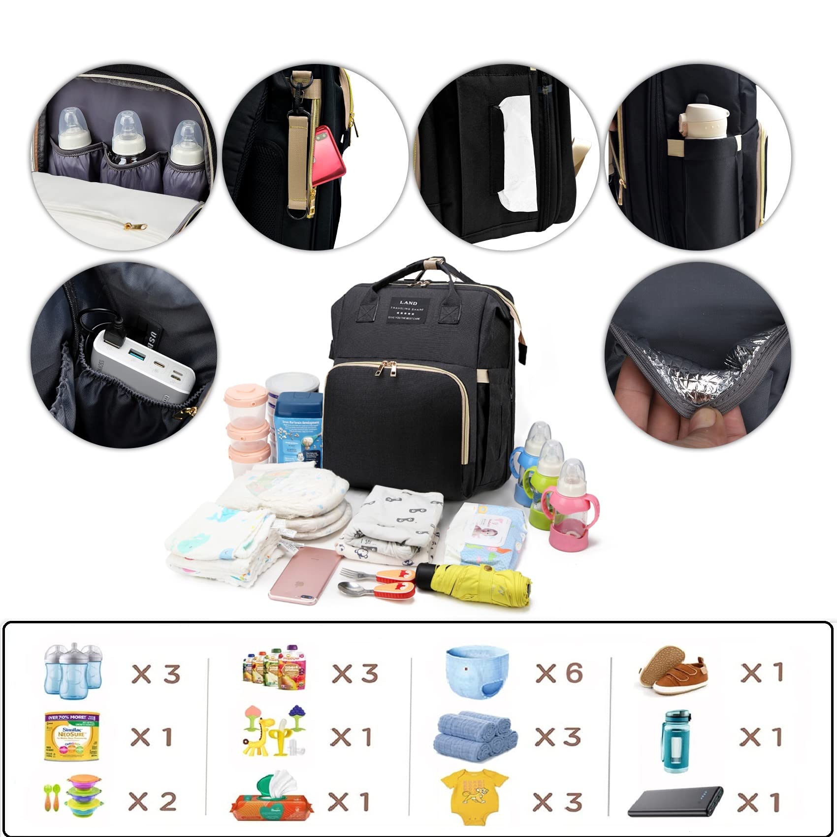 Foto 6 pulgar | Mochila Para Pañales Anwtotu Con Cambiador, Negra - Venta Internacional.