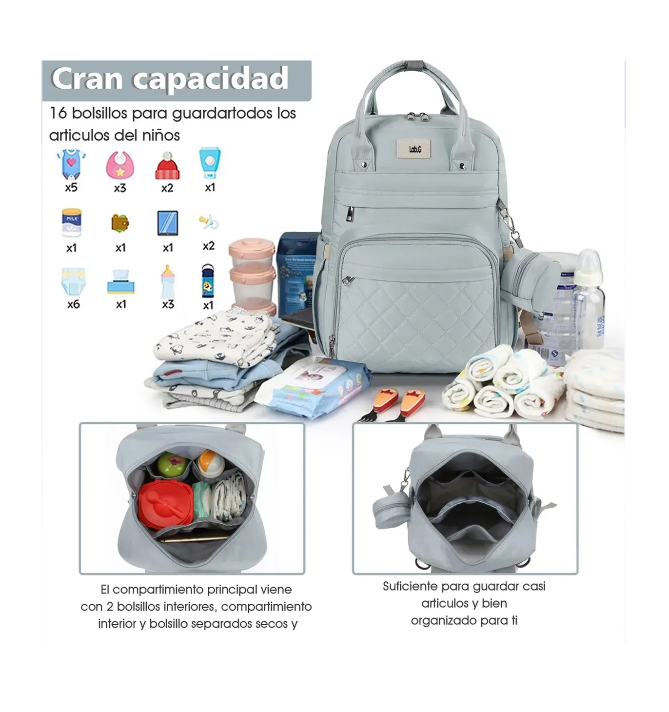 Foto 2 | Pañalera Mochila De Bebe 7 Pzs Gris Claro