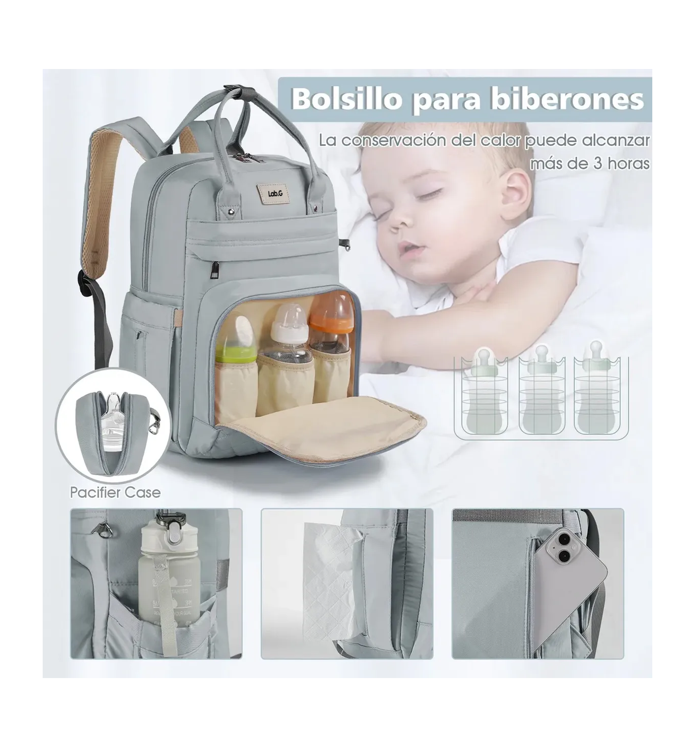 Foto 4 pulgar | Pañalera Mochila De Bebe 7 Pzs Gris Claro