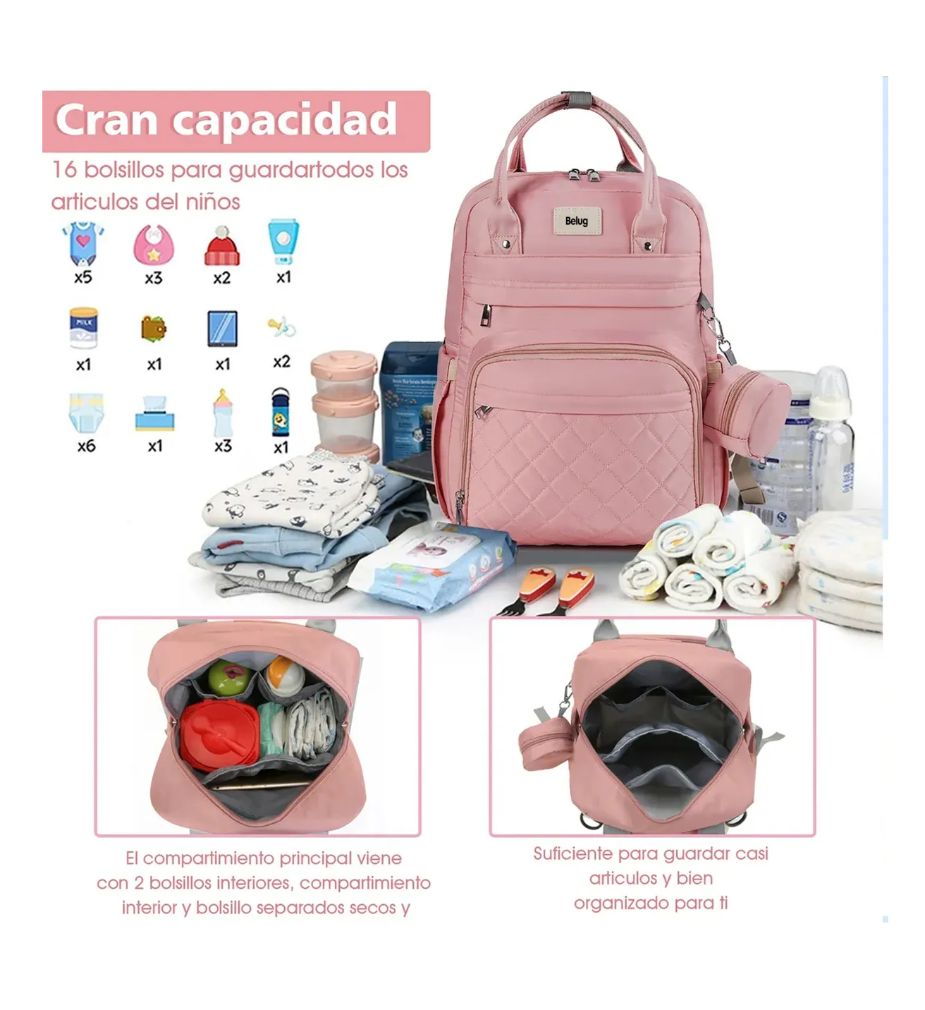 Foto 2 | Pañalera Mochila De Bebe 7 Pzs Rosa