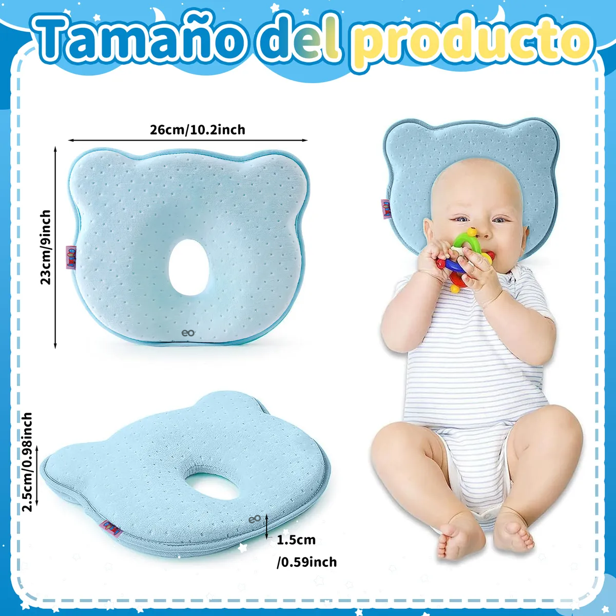 Foto 3 pulgar | Almohada Para Bebe Memory Foam Prevenir Cabeza Plana Eo Safe Imports Esi-21066  Azul