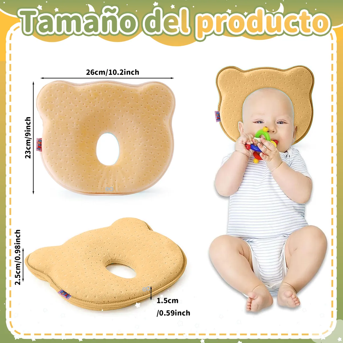 Foto 3 pulgar | Almohada Para Bebe Memory Foam Prevenir Cabeza Plana Eo Safe Imports Esi-21065 Amarillo