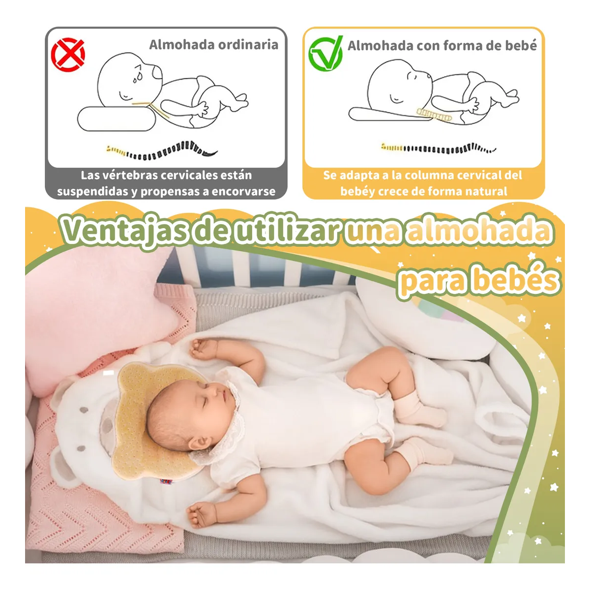 Foto 4 pulgar | Almohada Para Bebe Memory Foam Prevenir Cabeza Plana Eo Safe Imports Esi-21065 Amarillo