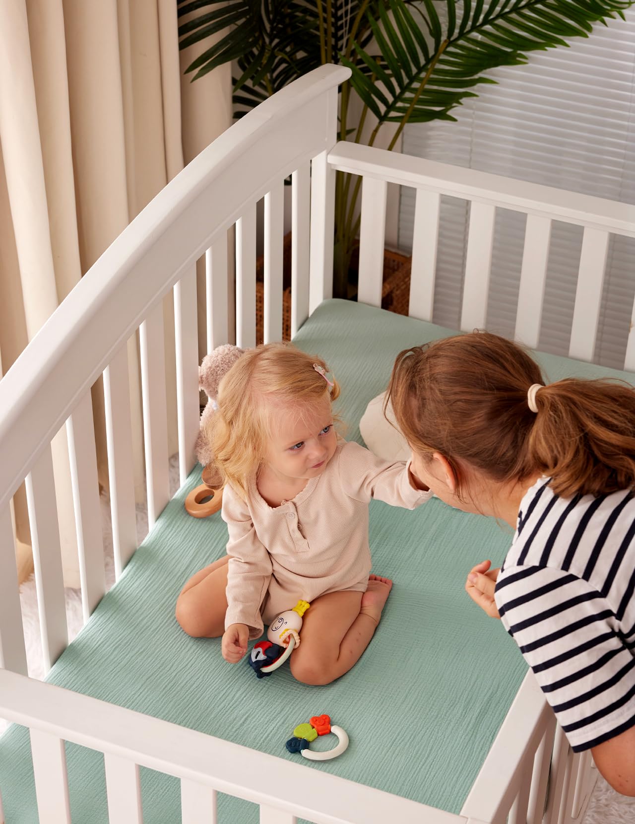 Foto 7 | Sábanas Ajustables Para Minicuna Momcozy Muslin, Paquete De 2, Gris Y Verde - Venta Internacional.