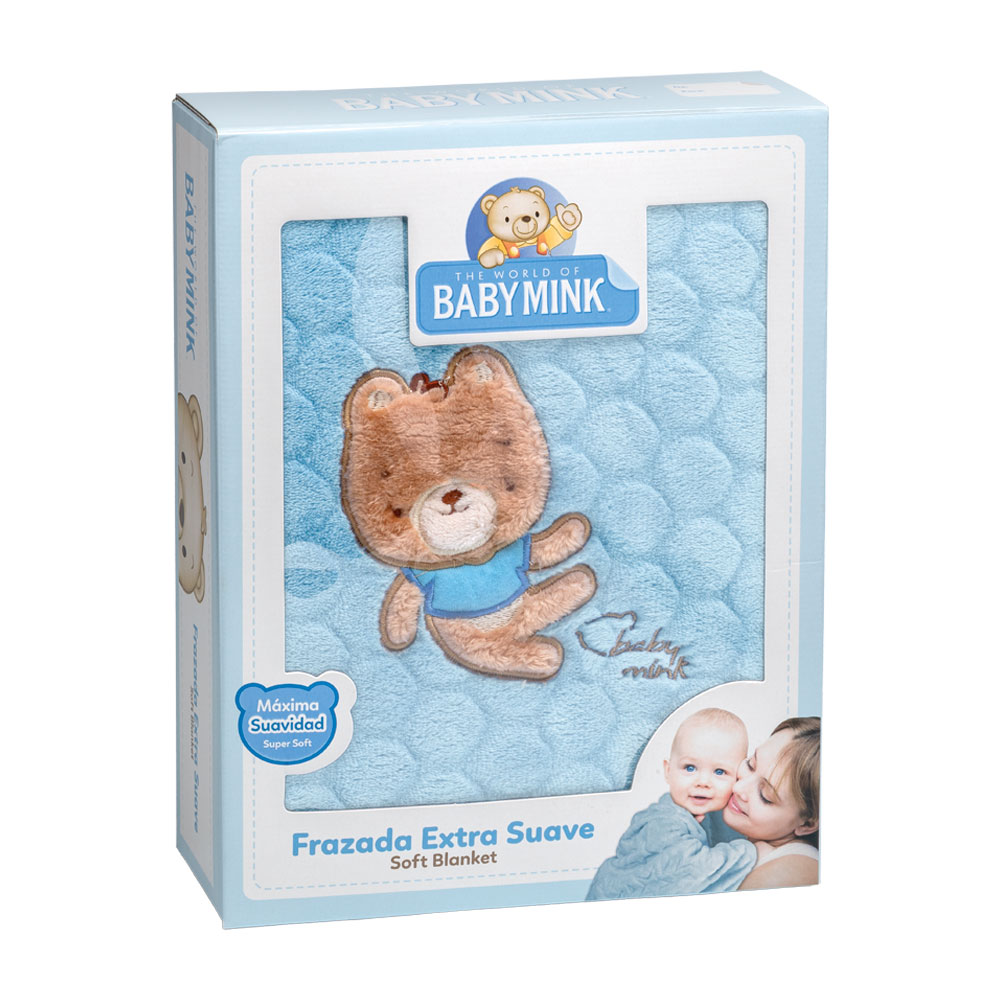 Frazada Extrasuave Baby Mink Bm160 Azul Con Diseño Bordado (100 X 80 Cm)