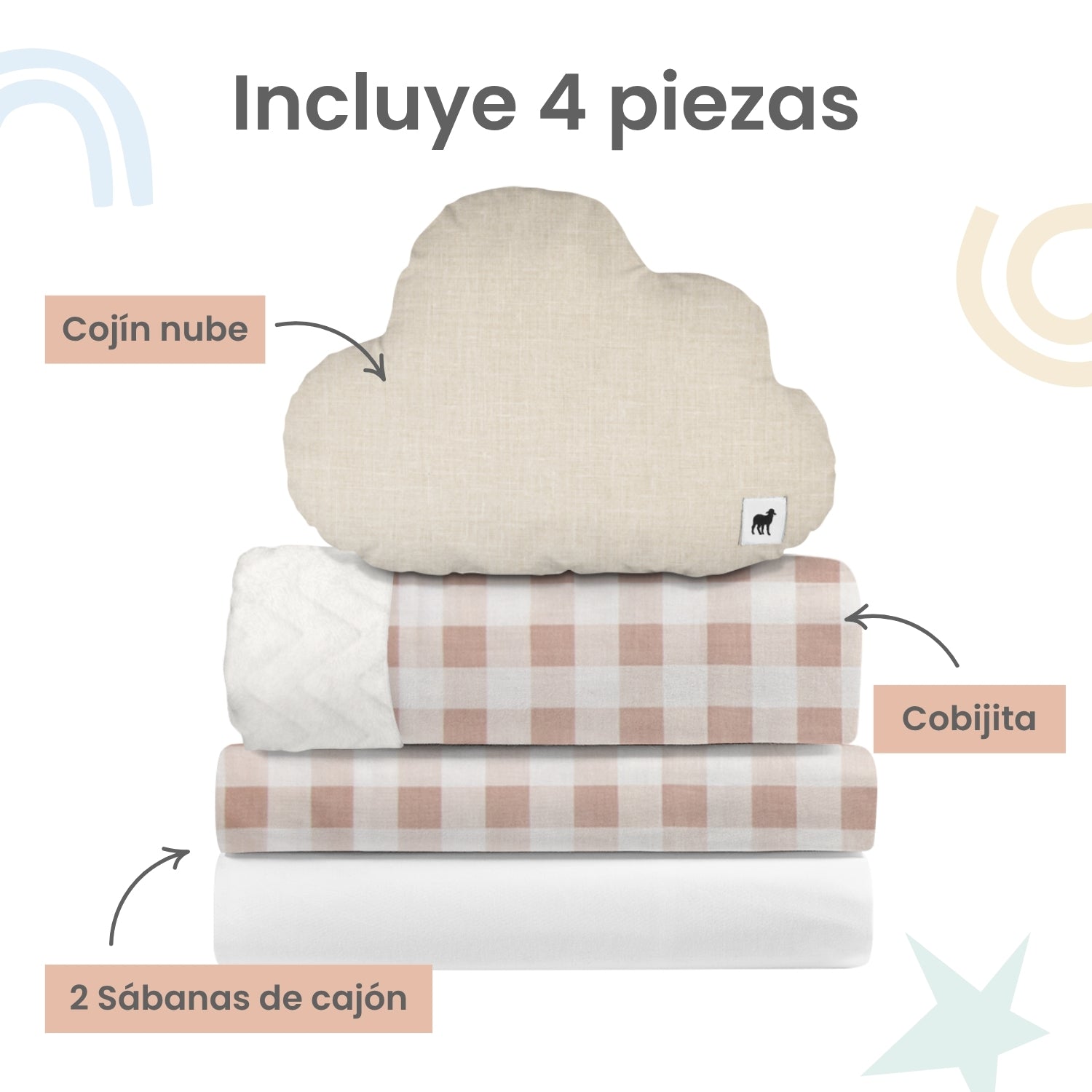 Foto 4 pulgar | Juego De Blancos Para Mini Colecho 50x90 Cm Nap Baby Para Bebé (4 Piezas) - Gingham Beige
