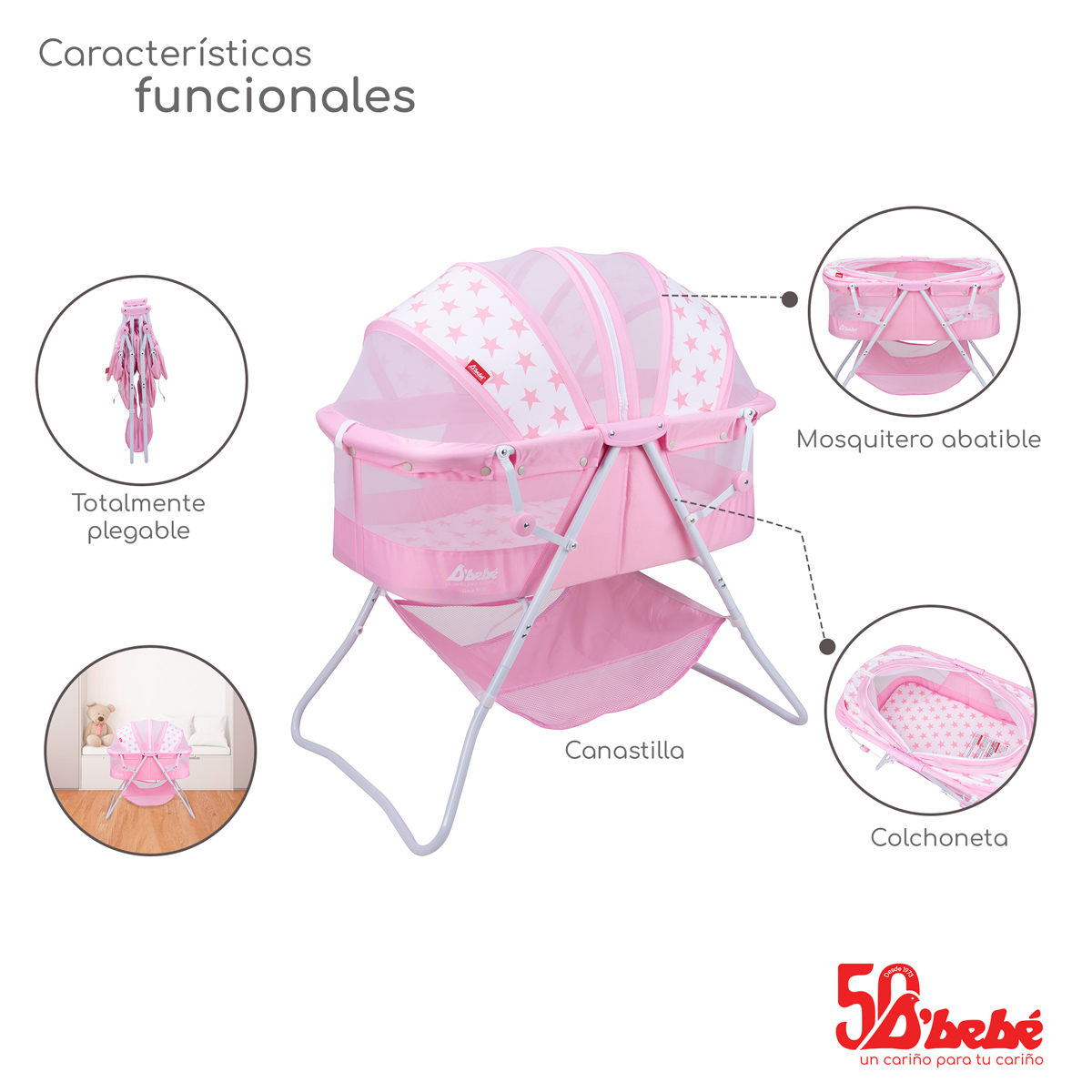 Foto 3 pulgar | Cuna Moisés Plegable D'bebé Siesta Rosa