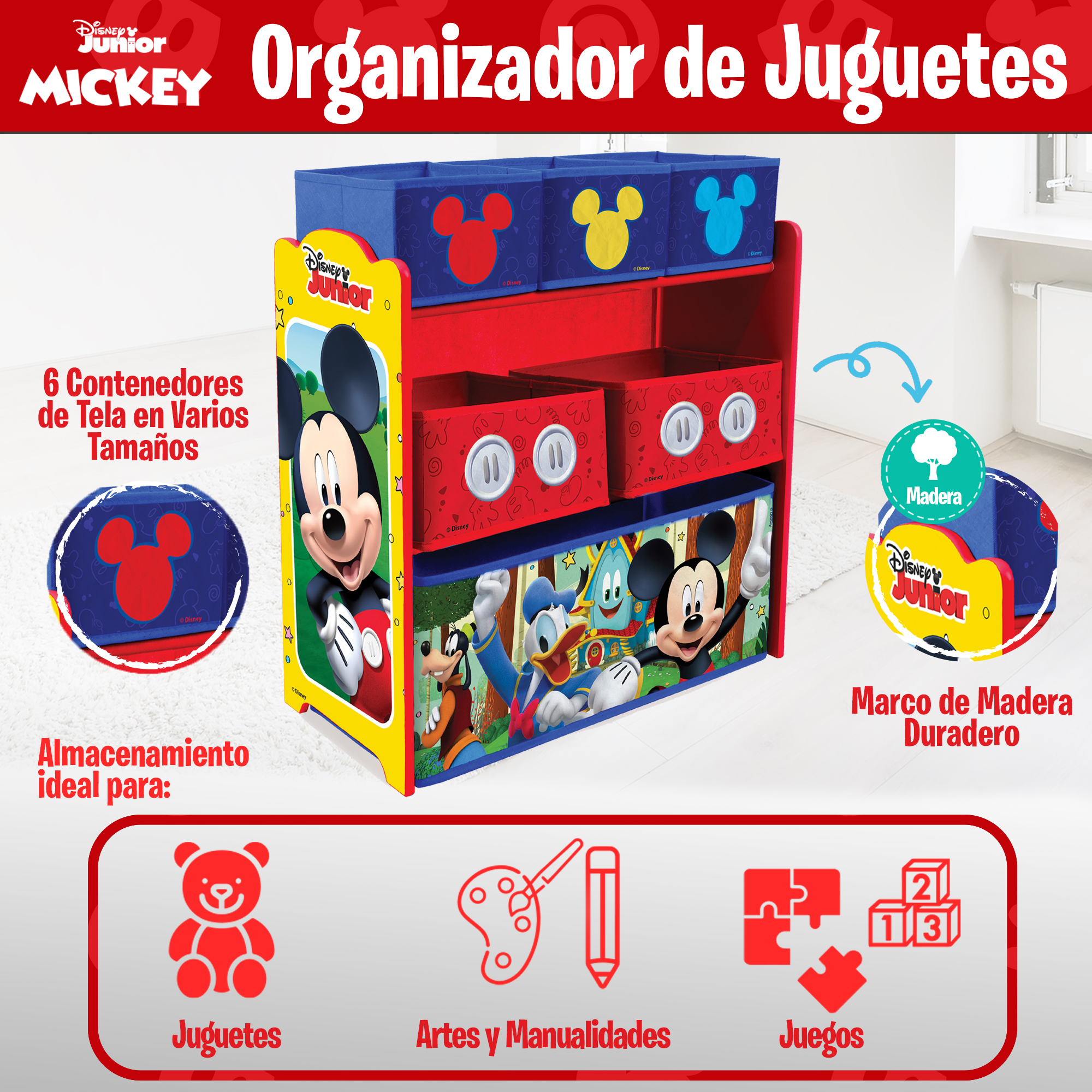 Foto 5 pulgar | Kids House Organizador De Juguetes De Madera De Disney Mickey Mouse, 6 Contenedores De Almancenamieto Extraibles Multi